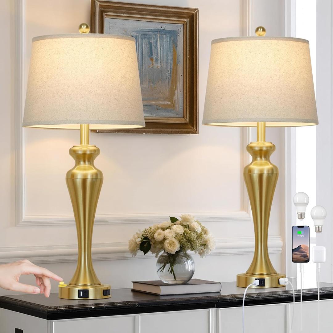 30" Gold Tall Table Lamps for Living Room, Touch Control Bedroom Lamp with USB A+C Ports and AC Outlet, 3-Way Dimmable Bedside Table Lamps Set of 2, Modern Metal Lamp for Nightstand