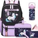 Bevalsa Kids Backpack for Girls with Insulated Water Bottle, Purple Cute Bookbag for Girls Kid, 14oz Termos Kids Water Bottle, Insulated Lunch Bag & Pencial Case, Back To School Gift (Unicorn)