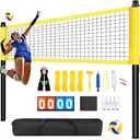 Professional Outdoor Volleyball Net Set with Arm Sleeves & Beach Fixed Plate, Heavy Duty 32ft Ply Reinforced Net with Steel Anti-Sag Winch, Height-Adjustable Poles, Carry Bag for Backyard Beach Lawn