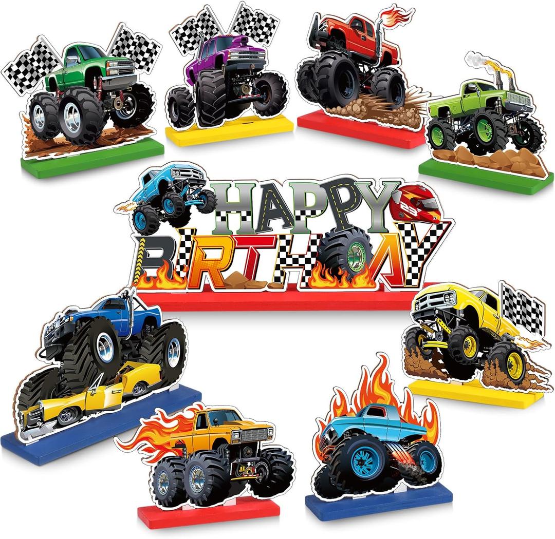 Blosssound 9 Pcs Wooden Monster Truck Birthday Table Decorations 3D Monster Truck Table Centerpieces for Happy Birthday Party Decorations Wood Car Themed Party Favor Gift Supplies