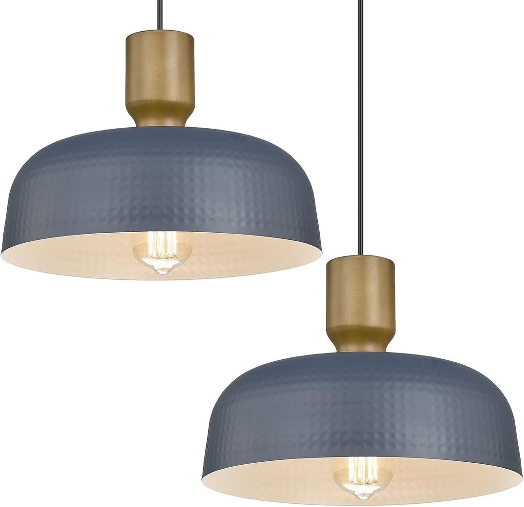 Farmhouse Pendant Lights, 2pcs Adjustable Hanging Light Fixtures with Hammered Metal Shade, 12.4 inch Pendant Lighting for Kitchen Island, Blue