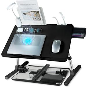 iXTRA Laptop Lap Desk with Cooling Fan - Adjustable with Light, USB, Storage Drawer - Folding Bed Desk,22.04"*12.59",Black (Black,56-32cm)