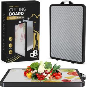 Stainless Steel Cutting Board for Kitchen, Double Sided Stainless Steel & Wheat Straw PP, Non Slip with Juice Groove, Anti-Scratch, Large Chopping Board for Kitchen (Vegetable-Themed Surface)