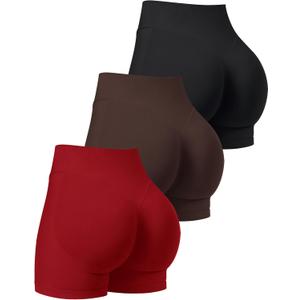 OLCHEE Womens Workout Shorts Seamless Scrunch Butt Lifting 3 Pack Yoga Gym Athletic High Waisted Tummy Control Booty 4.1" Inseam - Black Brown Red Small