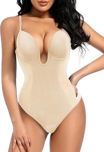 Decorus Women's Low Back Shapewear Tummy Control Deep V Neck Backless Body Shaper Plunge Thong Bridal Bodysuit Built in Bra (Beige, Large)