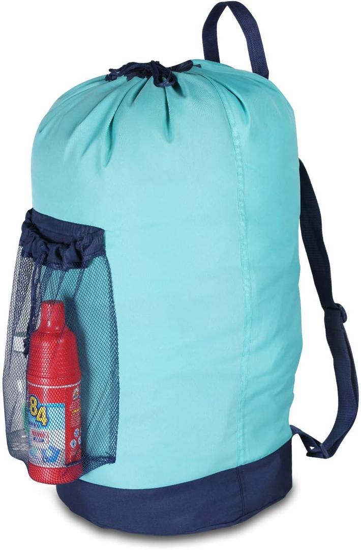 Dalykate Laundry Backpack with Shoulder Straps and Mesh Pocket Durable Nylon Clothes Hamper Bag with Drawstring Closure for College, Travel, Laundromat, Apartment (Blue)