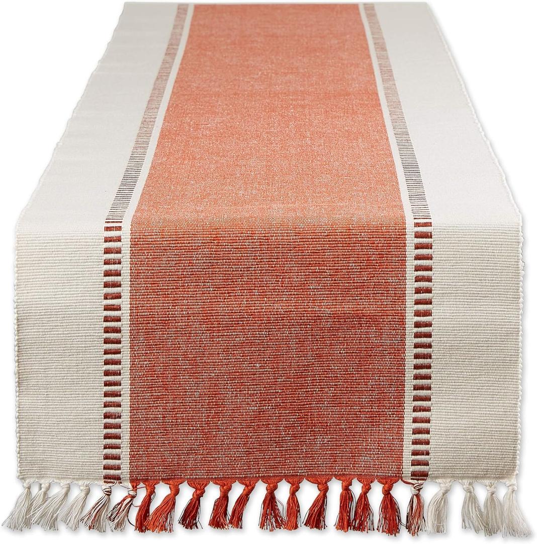 DII Dobby Stripe Woven Table Runner, 13x72 (13x77.5, Fringe Included), Burnt Orange