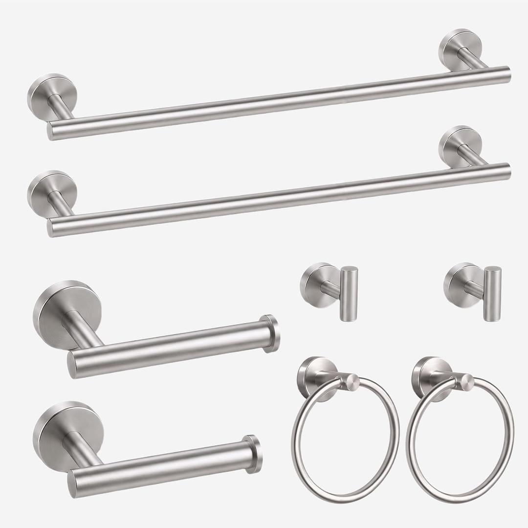 8 Pieces Bathroom Hardware Set, SUS304 Stainless Steel 24 Inch Bath Towel Bar Set, Round Bathroom Accessories Kit Wall Mounted Towel Holder (Brushed Nickel)