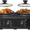 Double Slow Cooker, 2 x 1.25 QT Portable Small Dual Crock Cooker, Buffet Servers and Warmers Dishwasher Safe, Removable Ceramic Pot Glass Lid, Stainless Steel Black