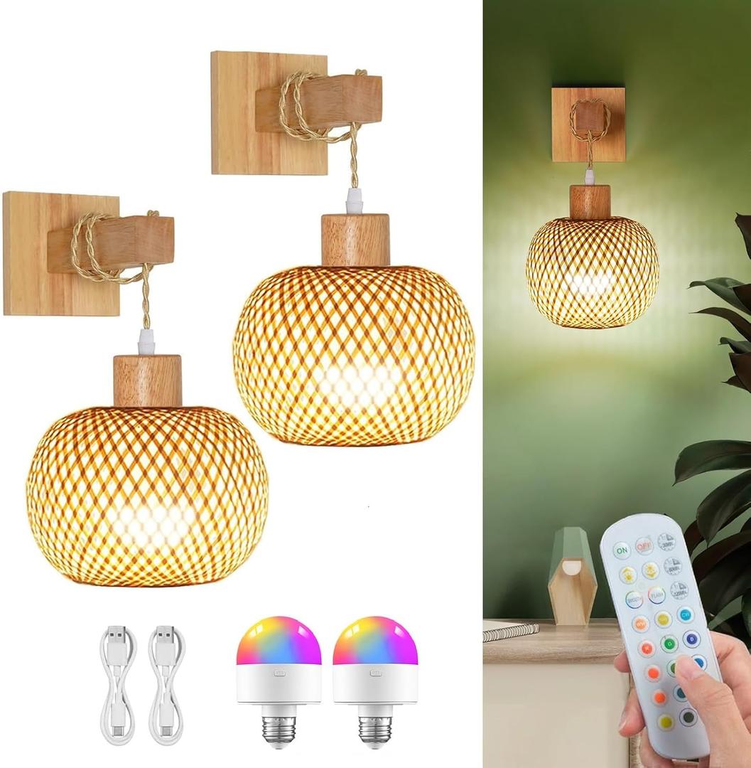 Wall Sconces Battery Operated Set of 2, Rechargeable Boho Wall Sconces with 8000mAh Bulbs, 3CCT+12RGB Dimmable Woven Bamboo Wall Light/Lamp Rattan Sconces for Bedroom Living Room