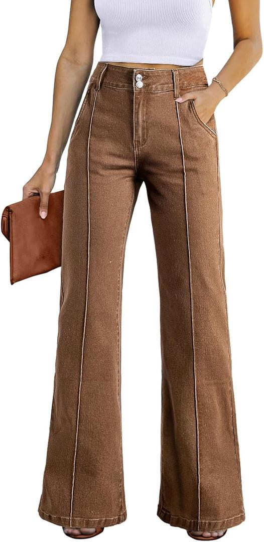 Sidefeel Womens Wide Leg Jeans Casual Baggy High Waisted Stretch Denim Pants Size 12 Brown