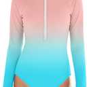 Girls Swimsuit 10-12 Girls One Piece Swimsuits Pink Blue Gradient Zipper Girl Rash Guard Swimwear Teen Girl Long Sleeve Bathing Suit UPF50+ Sun Protection Swim Suits