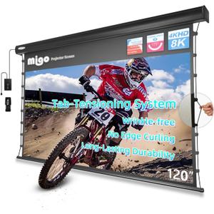 MIGO 120 Inch Motorized Projector Screen Pull Down,2.0 Gain Partial Ambient Light 4K HD TabTension Electric Projector Screen Wall/Ceiling Mount for UST Projector Indoor Home Theater Bar(Black Housing)