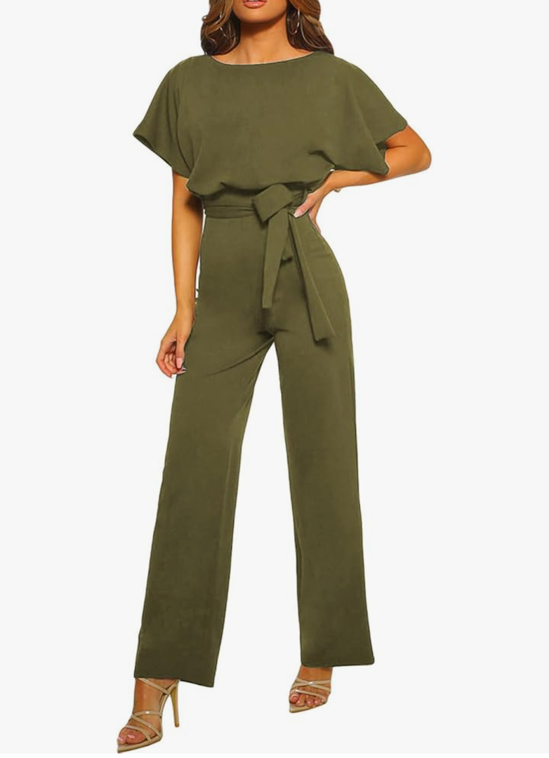 Happy Sailed Womens Loose Short Sleeve Belted Wide Leg Pant Romper Jumpsuit Business Casual One Piece Outfits XL