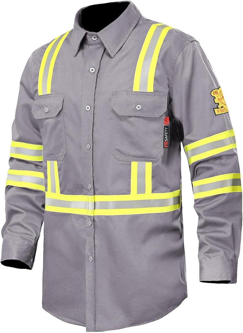 FR Shirts for Men 7oz High Visibility Fire Resistant Shirts CAT2 Welding Shirt 100% Cotton Hi Vis Flame Resistant Shirt Light Gray(X-Large)