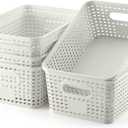 Plastic Storage Baskets 6 Pack Sturdy Storage Organizer Basket Woven Plastic Storage Bins for Shelves,Closet,Countertops, Desktops, Cabinets and Badrooms,Saving Storage, Stylish Design,White