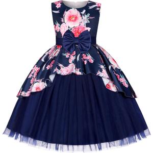 Girls Dress Sloping Bridesmaid Wedding Princess Children's Bow Birthday Ball Party Show Evening Lavender (Blue) Size 120 