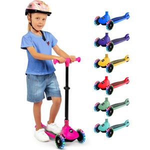 SereneLife 3-Wheel Foldable Kids Scooter  LED Wheel Lights, Adjustable Handlebar (Pink)(missing bearing)