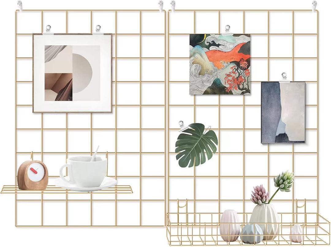 Grid Wire Board,for Memo Picture Panel Wall Decoration for Room Office Mat Photo Hanging Art Display Frames Desk Storage Organizer,17.3" x 11.8"(2Pack) (Gold)