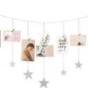 Mkono Hanging Photo Display Boho Decor Wooden Stars Garland with Metal Chains, Pictures Cards Holder with 25 Wood Clips, Wall Art for Christmas Living Room Bedroom Dorm Decor, Teen Girls Gift, Silver