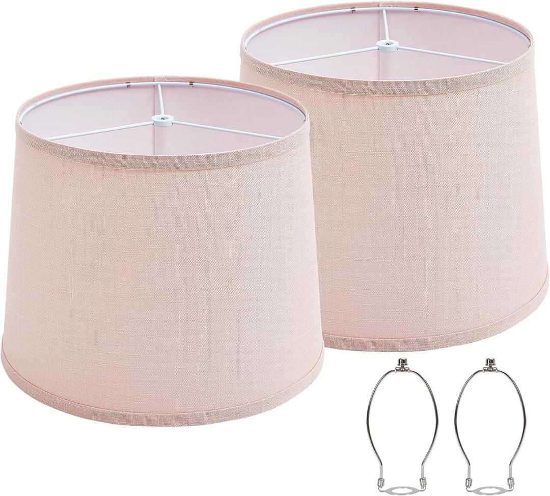 Lampshades Set of 2 for Table Floor Lamp, Drum Lamp Shades, 12.7" Top x 12.7" Bottom x 10" High, Natural Linen Hand Crafted, Lamp Shade Harp Holder Included (Pink)