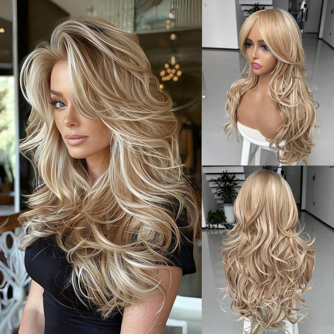 Platinum Blonde Highlight Ombre Light Brown Wig Long Wavy Layererd Wigs with Curtain Bangs for White Black Women,Synthetic Blonde Highlight Layered Wig for Daily Party Use 24Inch