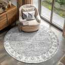 jinchan Fiora Round Rug 5ft Area Rugs Vintage Floral Distressed Design - Machine Washable Non-Slip Low-Pile Ultra-Thin Circle Rug for Entryway Bedside Living Room Dining Room Bedroom (5' Round, Grey)