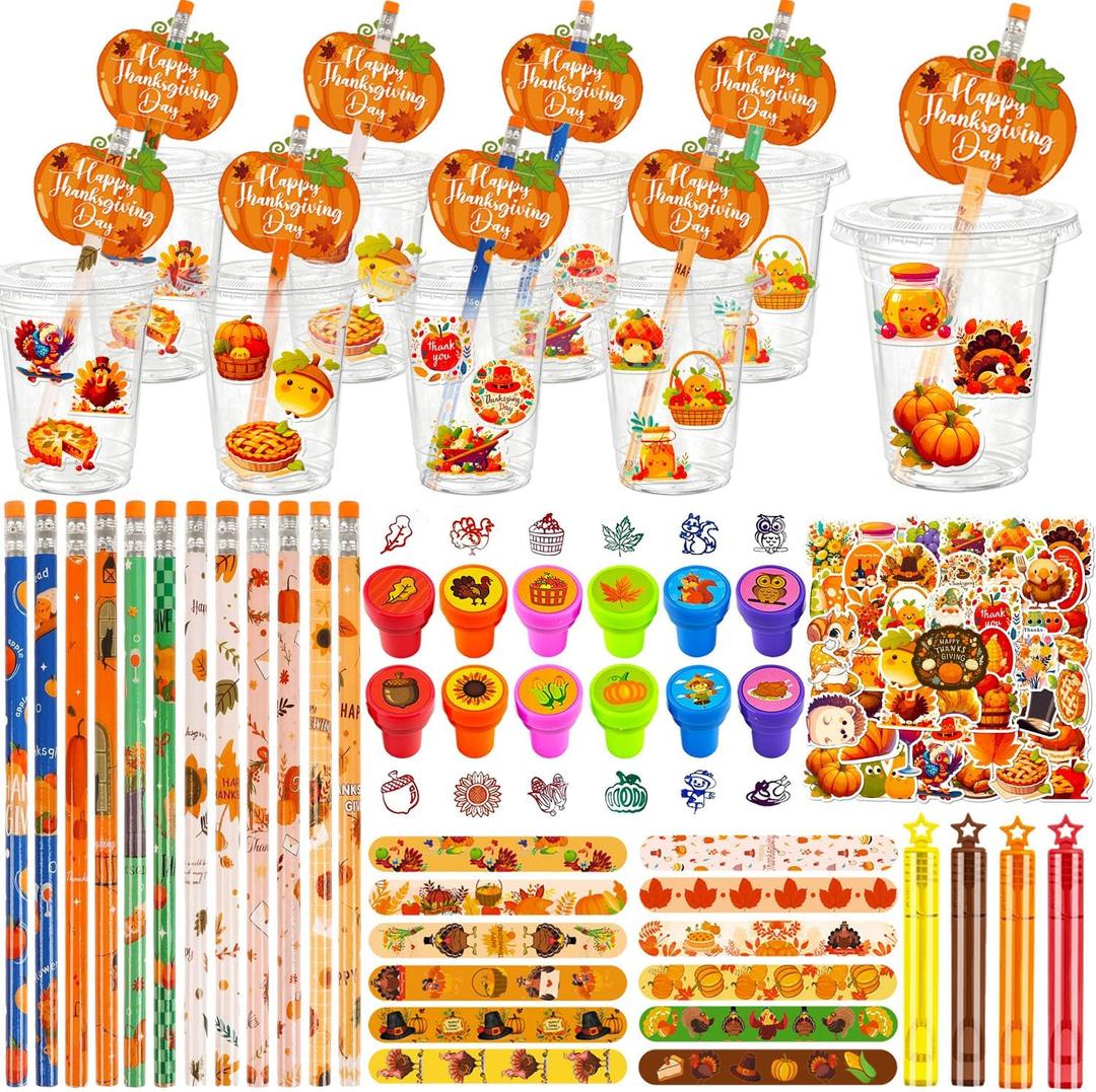 122Pcs Thanksgiving Gifts Set Thanksgiving Party Favors Decoration Pumpkin Exchange Gift with Stamp Pencil Sticker Cup for Autumn Harvest Theme Birthday Gift Prize Supplies