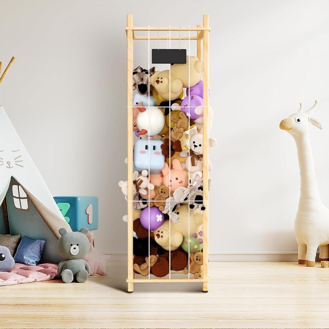 Stuffed Animal Storage & Organizer, Thick Wooden Toy Zoo Holder, Extra Large Capacity Plush Toy Cage for Toddler Rooms, Playrooms & Bedrooms, 16.14'' Wide Natural