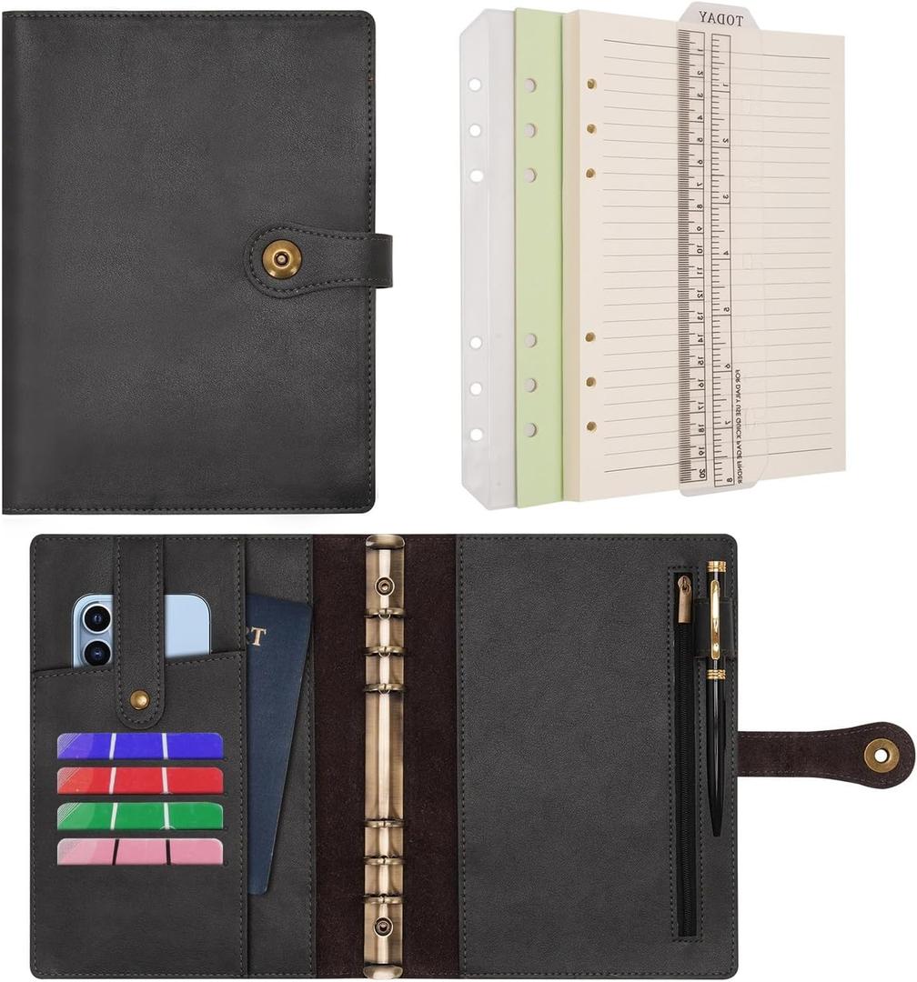 Wonderpool A5 Binder Journal Leather Spiral Notebook Refillable College Ruled Paper, Budget Binder Rings Diary Organizer with Pen for Office School Travel Business Planning Writing (Black,A5)