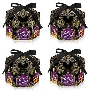 Estivaux 12 Pack Eid Mubarak Boxes, Ramadan Candy Box Eid Gift Bags, Goodie Boxes Black Ramadan Treat Storage Case with Ribbon for Party Decorations