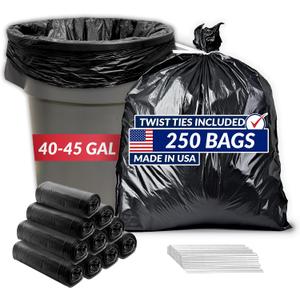 40 to 45 Gallon Trash Bags Heavy Duty | 250 Trash Bags, Twist Ties | Black, Serious Garbage Cleanup | Large Garbage Bags with Twist Ties, Made in USA | SuperValue
