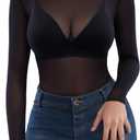 MANGOPOP Women's Mesh Top Long Sleeve See Through Mock Neck Blouse Sheer Sexy T Shirts Clubwear Bodycon (Black), S