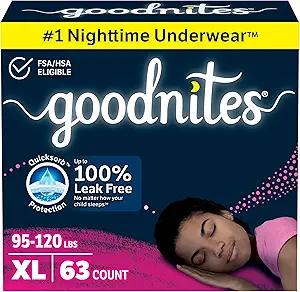 Goodnites Girls' Nighttime Bedwetting Underwear, Size Extra Large (95120 lbs), 63 Ct (3 Packs of 21), Packaging May Vary