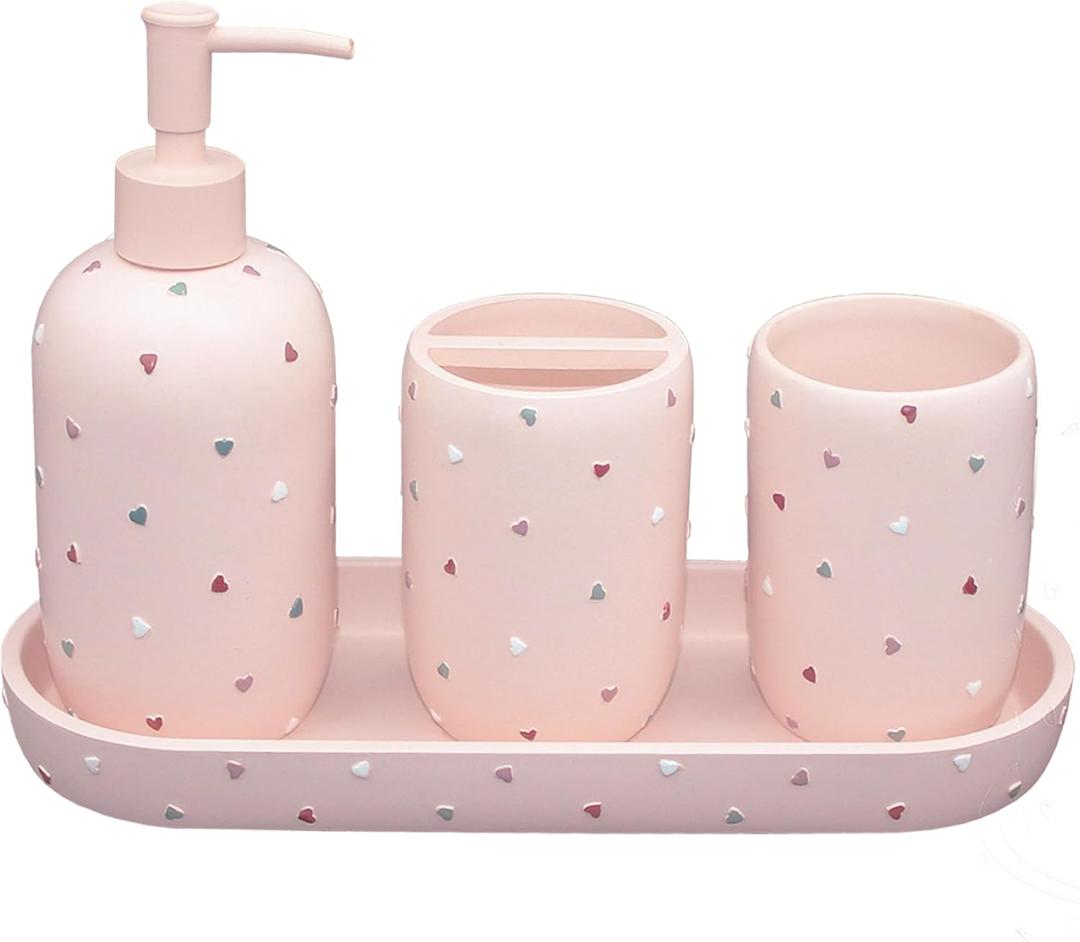 Bathroom Accessories Sets 4-Piece, Premium Pastel Heart Bathroom Accessory Complete Set - Toothbrush Holder, Lotion Soap Dispenser, Vanity Tray, Bathroom Tumbler for Countertop Vanity (Pink)