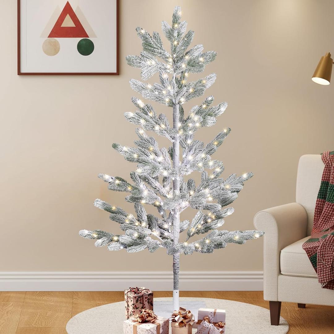 VINGLI 4ft Lighted Artificial Pine Tree, Flocked Christmas Tree with 325 Warm White Lights, 48 Branches for Indoor Outdoor Christmas Festival Party Decoration