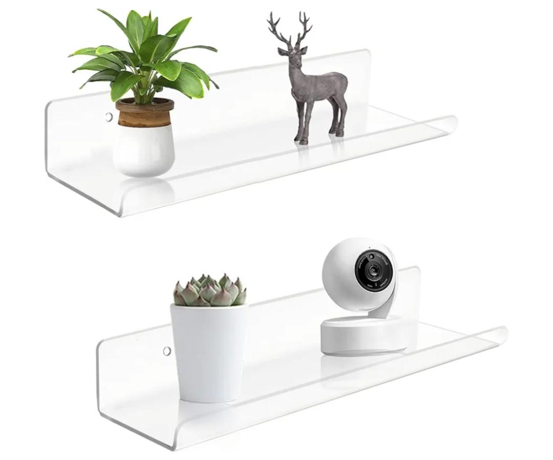 ROYALITA Small Acrylic Shelves Wall Mounted | Set of 2 | 12 Inches | Wall Hanging Plant Display Shelves, Room Decor Floating Wall Shelves for Gaming Room Bedroom, Living Room, Office, Clear
