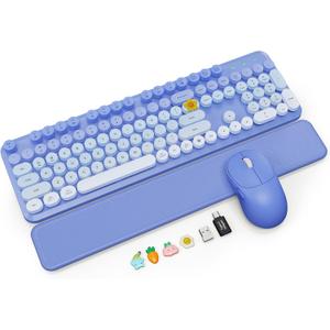 Wireless Keyboard and Mouse Combo, Magnetic Soft-Touch Wrist Rest, Round Keycaps, Full-Size Retro Typewriter Style Keyboard, 2-Stage Tilt Legs, Auto Sleep, 2.4GHz Cordless for Windows PC, Purple Ombre