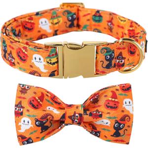 Maca Bates Halloween Dog Collar Spooky Ghost Dogs Collars with Bow Yellow Pumpkin Puppy Colar with Bowtie Adjustable Birthday Gift for XS Small Medium Large XL Girls Boys Male Female Dogs Pet