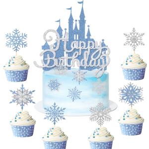 26Pcs Ice Castle Cake Toppers Double Layer Silver Blue Snowflake Cupcake Toppers Winter Wonderland Cake Decorations for Princess Happy Birthday Baby Shower Party Supplies