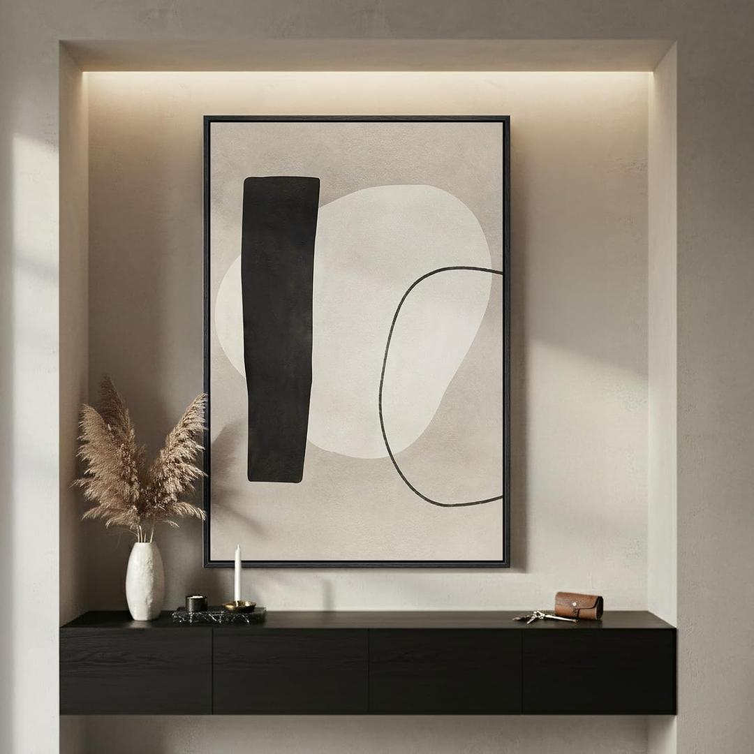 Framed Modern Black White Beige Abstract Wall Art, 1 Piece 24x36 In