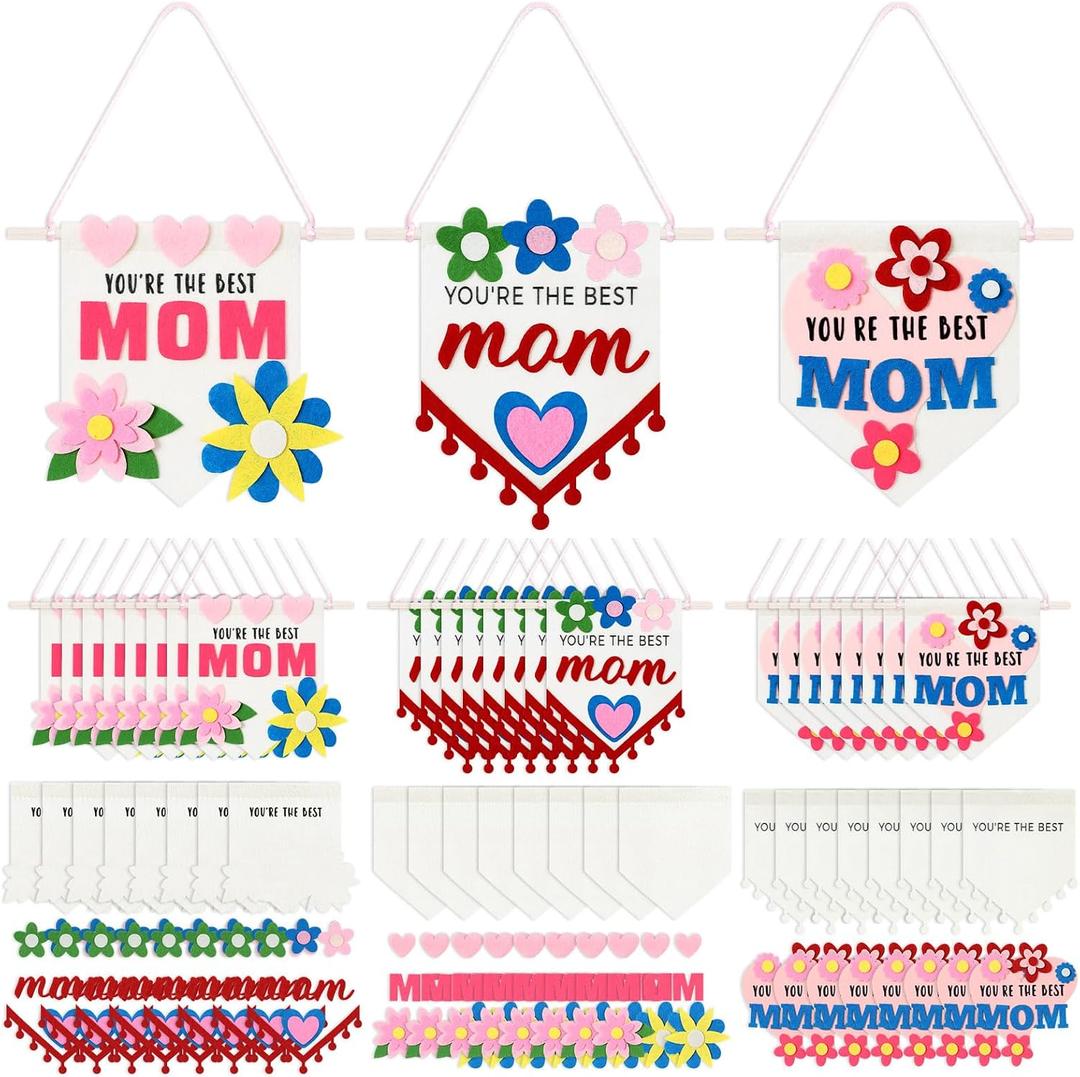 Mindsoft 24 Set Mini Mother's Day Banner Craft Kit 3 Designs Banner Mothers Day Crafts for Kids Classroom Holiday Mom Gift for Kids DIY Home School Crafts Outdoor Yard Door Decorations