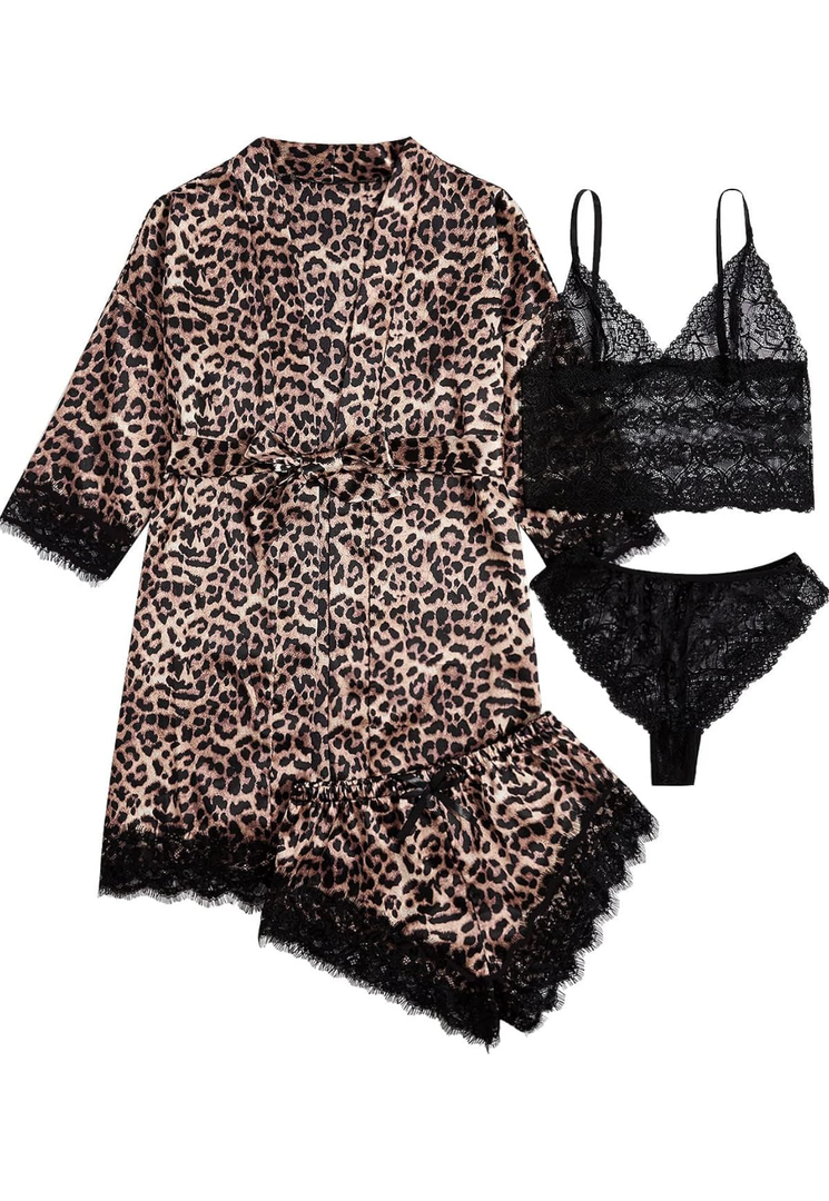 WDIRARA Women' Silk Satin Pajamas Set 4pcs Lingerie Floral Lace Cami Sleepwear with Robe,Size M