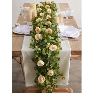 PARTY JOY 2pcs 6.56ft Eucalyptus Garland with Flowers-8 Champagne Roses-Lush,Natural Looking, Floral Garland Greenery Garland for Party Wedding Table Indoor Outdoor Backdrop Wall DecorChampagne