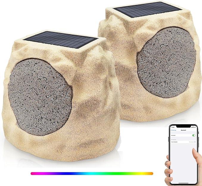 Rock Speakers Outdoor Waterproof Solar Set of 2 Rock Speaker Bluetooth Wireless Bass Solar Powered Garden Speakers with TWS Pair&RGB Colors&DC Charge for Outside Patio Deck BBQ
