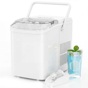 Ice Makers Countertop, Portable Ice Machine with Handle, 6 Mins 9 Bullet Ice Cubes with Basket and Scoop, 26lbs in 24Hrs, Auto-Cleaning, for Home, Kitchen, RV, Camping, White (12.3"*11.5"*8.5")