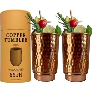 Luxury Heavy Duty100% Pure Copper Tumblers Set of 2 |BPA Free| Lacquer Free Copper Tumbler| Handcrafted Hammered Ayurvedic Glasses | 350 Ml/11.8 OZ Water Cups for Health, Detox | Gift Box Incuded