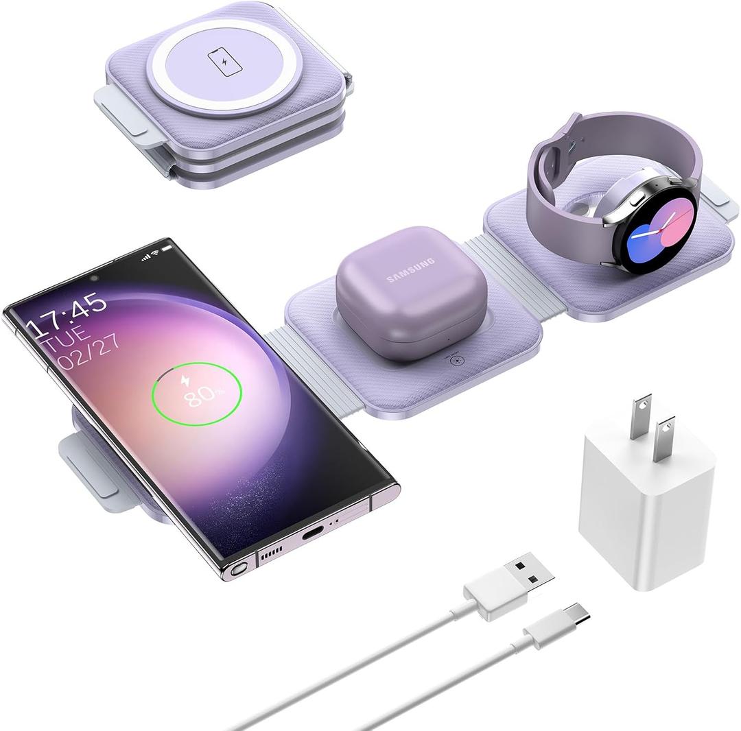 Travel Charger for Samsung Multi Devices, Foldable 3 in 1 Wireless Charging Station Fast Charging Stand/Pad Compatible for Samsung Galaxy S25/S24/S23/S22/S21/Note20 Galaxy Watch8/7/6/5/4/Galaxy Buds4 (Violet)
