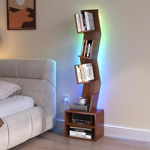 6 Tier Tree Bookshelf,Small Book Shelf with LED Lights,Corner Bookcase,Book Organizer Shelves,Floor Standing Book Shelves for Living Room,Home Office,Living Room,Vintage Rustic Brown