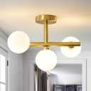 Globe Milk Glass Ceiling Light: Gold 3 Lights Sputnik Chandelier - Linear Mid Century Modern Semi Flush Mount Ceiling Light - 13 Inch Brass Lighting Fixture with Sphere Shade for Bedroom Living Room